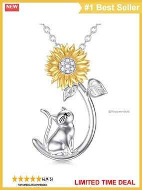 Cat Sunflower Pendant Necklace Brass Polished Pet Memorial Gift Women